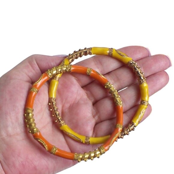 Vintage Enamel Bangle Bracelets With Gold-Silver Accent Design - Picture 2 of 5